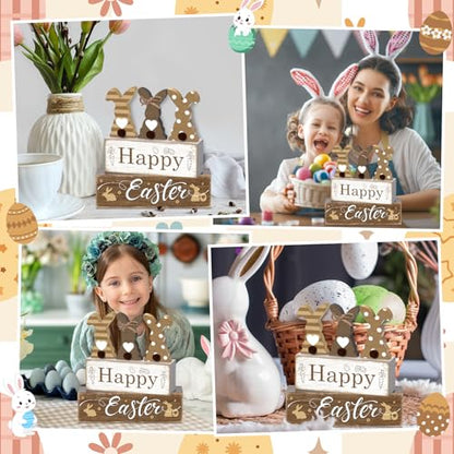 4 Pcs Easter Table Decor Happy Easter Neutral Bunny Tiered Tray Decorations Set Spring Cute Bunny Rabbit Rustic Farmhouse Wooden Stack Block Signs Party Tabletop Decor for Home Office Gift - style: Happy Easter