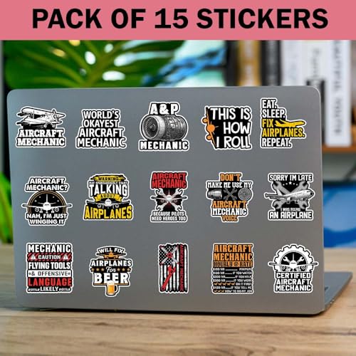 SODAVA Aircraft Mechanic Sticker Pack 15 Pcs 3x3 Inch, Aviation Technician Maintenance Decals, Waterproof Vinyl Stickers for Car Laptop Helmet Toolbox Notebook - color: Aircraft Mechanic