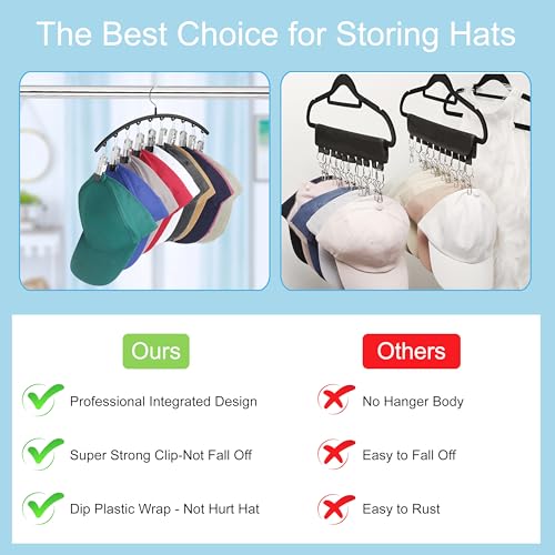 Hat Hangers for Closet, Metal 2 Pack Hat Organizer Holder for Hanger Closet Display, Hat Racks for Baseball Caps w/10 Clips, Hat Holder for Ball Caps & Accessories, for Men Women, Black - color: Black, size: 2 Pack