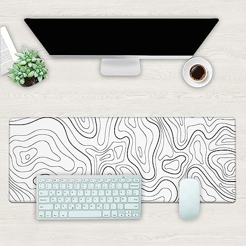 Desk Mat, White Topographic Contour Map Extended Gaming Mouse Pad Large, 31.5"x11.8" Big Mouse Pad with Non-Slip Base and Stitched Edge, Long Computer Keyboard Mouse Mat for Home Office Work - color: White Topographic Contour Map, size: 11.8" x 31.5"