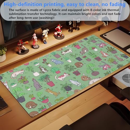 Extended Gaming Mouse Pad XL, Cute Cat Sage Green Desk Mat 31.5x15.7 | Charming large desk pad with a playful cats and potted plants print. Perfect for cozy, kawaii workspace setups. - color: Green Plants and Cats