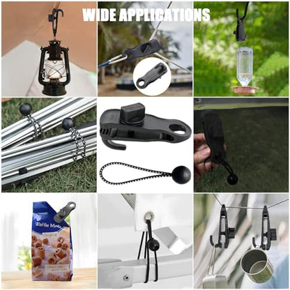 Tarp Clips Clamps Heavy Duty Lock Grip with Bungee Cords, Shark Shade Cloth Backdrop Tent Large Clip with Hook Accessories for Garden Outdoor Pool Cover Tarp Tie Downs Canvas Solar RV Awning