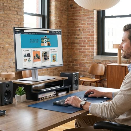Computer Monitor Stand Riser, 16.5 Inch Wood Desk Shelf Storage Organizer with Phone Tablet Holder, Black & Dark Bamboo - color: Black & Dark Bamboo, size: 16.5 inch