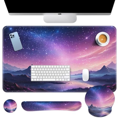 Arttown Dreamy Galaxy Desk Mat Mountains Nebula Mouse Pad Set 4 in 1 Night Sky Ergonomic Design Large Desk Pad + Keyboard Wrist Rest + Mouse Wrist Rest + Coaster Suitable for Home Office Study Game - color: Purple Starry Sky