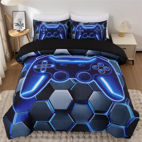 NTBED 3D Gaming Comforter Set for Boys Kids Teens,5pcs Gamer Bedding Sets with Sheet,Game Console Bed in a Bag(Blue, Queen) - color: Navy, size: Queen