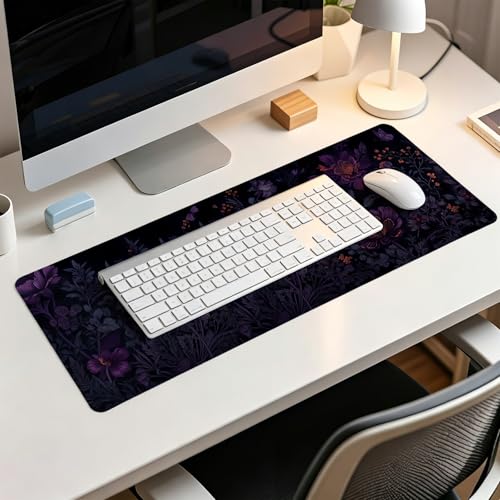Gothic Purple Butterfly Floral Mouse Pads,Dark Aesthetic Cottagecore Mouse Pad,Mystical Botanical Flower Desk Mat,Purple Botanical Desk Mat for Home Office Dorm Desktop Decor,31.5x11.8 Inch - color: Floral Black XL