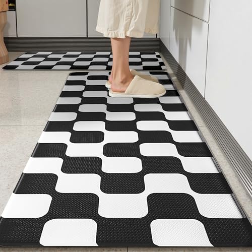 Black Retro Curvy Checkered Grid Checkerboard Kitchen Rug Sets [2 PCs], Anti-Fatigue, Waterproof Non-Slip Kitchen Mats Heavy Duty Ergonomic Comfort Foam Rug for Floor, Home, Laundry,17"x29"+17"x47" - color: Milkgrid-black, size: 17.3"x29"+17.3"x47"-0.4"H