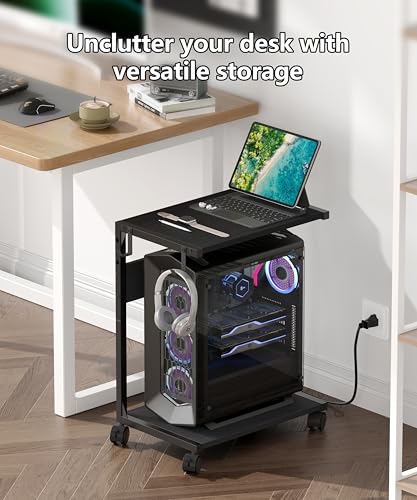 Akxomel 2 Tier Computer Tower Stand with Charging Station, 11.8" D x 16.5" W Rolling Floor PC Tower Stand Fits Under Desk, CPU Holder Cart for Carpet with Hooks, Home Office - color: Black