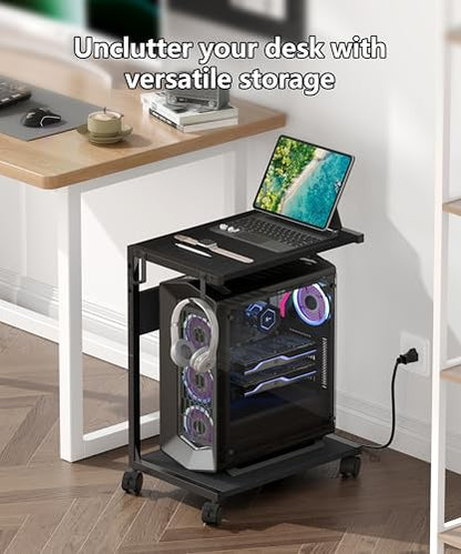 Akxomel 2 Tier Computer Tower Stand with Charging Station, 11.8" D x 16.5" W Rolling Floor PC Tower Stand Fits Under Desk, CPU Holder Cart for Carpet with Hooks, Home Office - color: Black