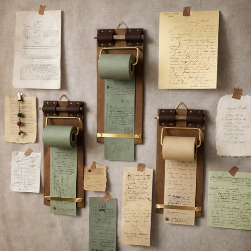 Rustic Hanging Memo Board with 1 Khaki Gray Paper Roll – Vintage Wall Mounted Clipboard Notepad, Tear-Off Writing Pad for Notes, Menu Display, Café, Restaurant, Home and Office - style: Khaki Gray Board + 1 Roll