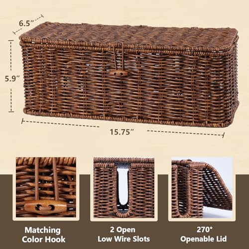 BROWNLILY Cable Management Box, Rattan Style Cord Organizer for Desk Cord Hider Outlet Covers for Power Strip TV PC Router Charger Under Desk Storage with Lockable Lid and Cable Ties - color: Brown, size: L