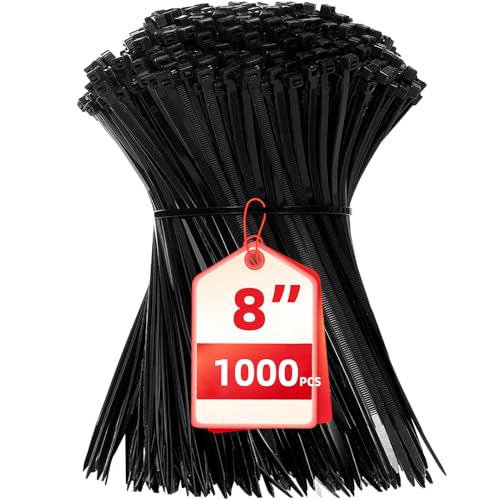 Zip Ties 8 inch, 1000 Pack Black Zip Ties, Self-Locking Nylon Cable Ties with 40 lbs Tensile Strength,Wire Ties for indoor and outdoor use. - color: Black, size: 8"(1000 Pack) 40 Lb