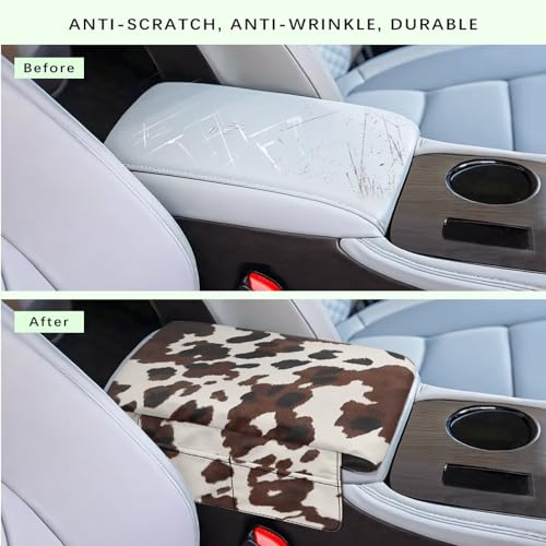 Wanyint Black Brown Cow Print Car Center Console Armrest Cover Anti-Slip Armrest Storage Box Mat Anti-Scratch Middle Console Pad Protective Cover Universal Fit Most Vehicle, SUV, Truck - color: Black Brown Cow Print