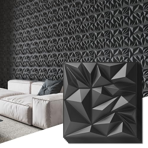 Art3d 33-Pack 3D Wall Panels for Interior Wall Decor, Modern Diamond Textured Accent Wall Paneling for Gaming Living Room TV Wall Background, 12 x 12 inch Black - color: Black, size: 12x12 Inch 33 pcs