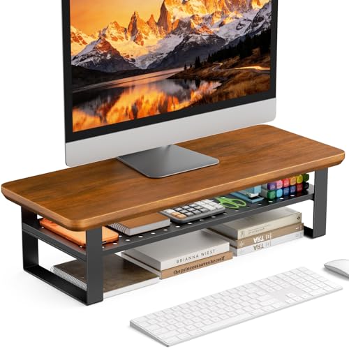 Monitor Stand Riser, 24 Inch Computer Monitor Stand for Desk, 2-Tier Wood Desk Shelf Organizer with Storage, Desktop Stand for Laptop/Screen/PC/Printer, Ergonomic Home Office Monitor Stand - color: Walnut, size: 23.6in