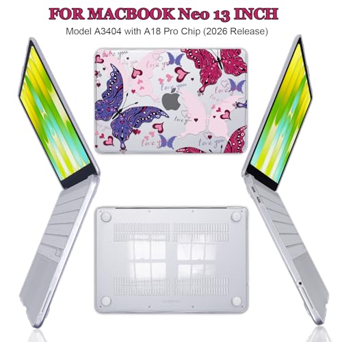 Love Butterfly Pattern Hard Case for 2026 MacBook Neo 13 A18 Pro A3404 Full Protective Kit with Keyboard Cover Screen Protector Dust Plugs Webcam Cover - color: Love Butterfly