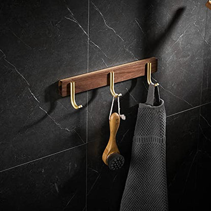 Wall Mounted Coat Rack, Entryway Hanging Coat Rack, Metal Wood Coat Rail with 3 Rustic Hooks Rail for Coat, Scarf, Bag, Towel, Key, Cap, Hat, Walnut Gold Matt - size: 3 Hooks - J Shape