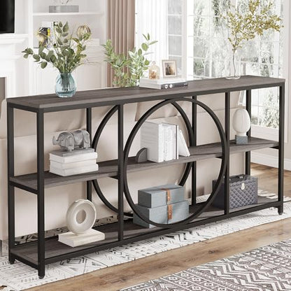 Tribesigns 70.9 inch Sofa Console Table, Extra Long Narrow Entryway Tables with 3 Tier Wood Storage Shelves Metal Frame for Foyer Hallway Living Room Behind Couch, Black Rustic Gray - color: Black Grey