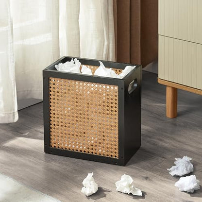 TIOPGHAD 3-Gallon Small Rattan Wicker Waste Basket Trash Can, Black & Oak | Bamboo Frame with Handles, 11.8x6.7x11.8 inches, Waterproof Coating, Ideal for Bathroom, Office and Bedroom - color: Black&Oak