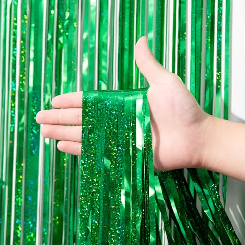 Voircoloria 3 Pack 3.3 x 8.2 ft Laser Green Foil Fringe Backdrop Curtains, Tinsel Streamers Birthday Party Decorations, Fringe Backdrop for Graduation, Baby Shower, Gender Reveal, Disco Party - color: 21 Laser Green
