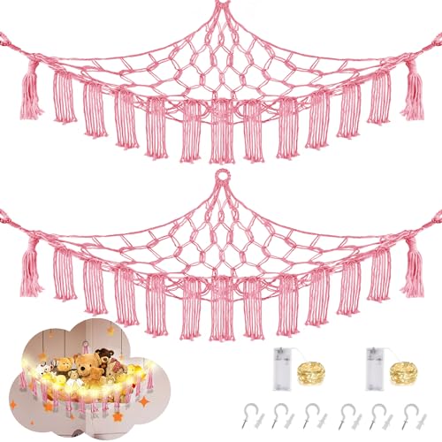 CERETIA Stuffed Animal Hammock with LED Light, Large Stuffed Animals Storage Corner Plushie Net for Kids Room Decor, 2 Packs Pink - color: Pink, size: Large-(Package of 2)