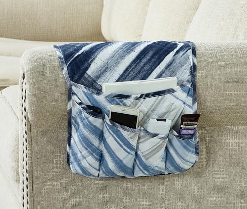 Brilliant Sunshine Patchwork Couch Armrest Organizer, Blue Grey (35"×13") | Non Slip Armchair Caddy for Sofa Recliner, Washable Remote Controls Holder, Storage for Magazine, Phone, iPad - color: Blue Grey