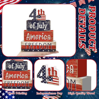 Britimes 4 Pcs 4th of July Decor Patriotic Tiered Tray Decorations Set, Memorial Day Table Sign Farmhouse Red White Blue Rustic Wooden Block Stack Sign for Home Fireplace Mantel (4th of July) - style: 4th of July