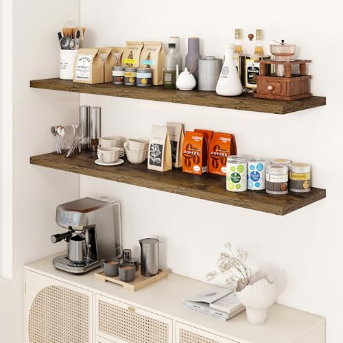 Dreamland 55" Floating Shelves for Wall, 12" Deep Slim Rustic Brown Floating Shelves, Wall-Mounted Shelves for Bedroom, Living Room, Kitchen, Bathroom - Set of 2 - color: Rustic Brown, size: 55"W x 12"D x 1.3"H, Set of 2