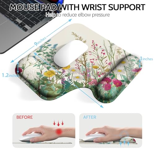 Ergonomic Mouse Pad with Gel Wrist Rest (1"& 1.2" Dual Height) - Mouse Pads Compact Mousepad Desk Mat Office, Gaming & Carpal Tunnel Relief | Non-Slip Rubber Base Wildflower Garden - color: Wildflower Garden