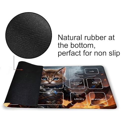 for MTG Playmat 24 x 14 Inches Samurai Cat Magic Play Mat Card Game Mat for Magic The Gathering TCG PTCG Playmat with Free Storage Bags Non-Slip Backing and Stitched Edge - color: Samurai Cat With Zones
