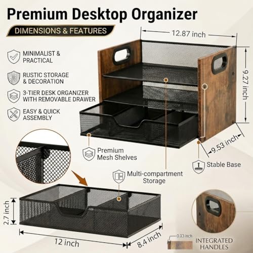 Wood Desk Organizer - 3-Tier Desktop File Organizer with Drawer, Wooden Paper Tray, Office Desk Organzier and Accessories for Papers, Mail, Notebooks, Stationery - size: 3 Tier Drawer