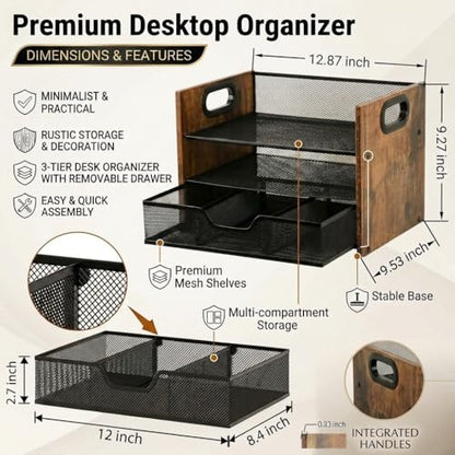 Wood Desk Organizer - 3-Tier Desktop File Organizer with Drawer, Wooden Paper Tray, Office Desk Organzier and Accessories for Papers, Mail, Notebooks, Stationery - size: 3 Tier Drawer