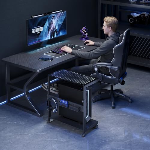 EUREKA ERGONOMIC Height Adjustable Computer Tower Stand, Illuminated Glass Panel PC Stand w/RGB Lights, 2-Tier CPU Holder Cart Under Desk, PC Floor Stand for Office Gaming, APP Control - color: Mix Color Lite