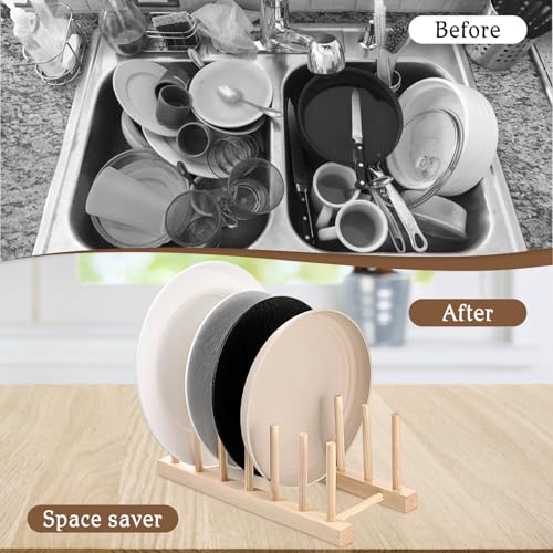 SHENLIU 8 Pcs Bamboo Wooden Plate Rack, 6 Slots Plate Organizer Dish Drying Rack Stand Drainer for for Kitchen Pot Lid Bowl Cup Book Cutting Boards