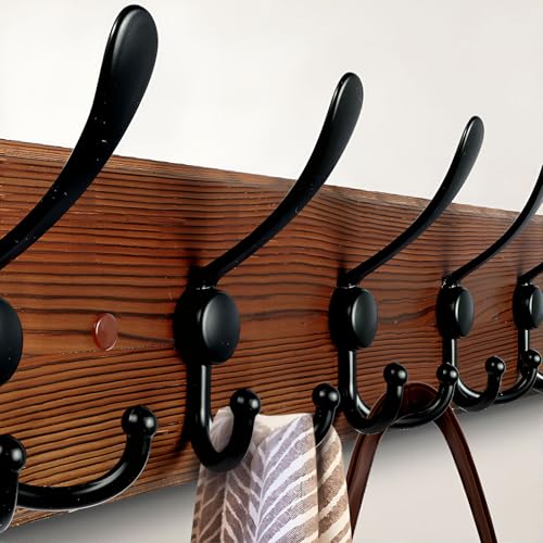 Large Coat Rack Wall Mount 38.6'' Rustic Wood Coat Rack Hook Long Coat Hooks Wall Mount Farmhouse Wall Hooks for Hanging Coat, Bags, Towels - color: Brown Plate & Black Hook, size: 1 Item-10 Hooks