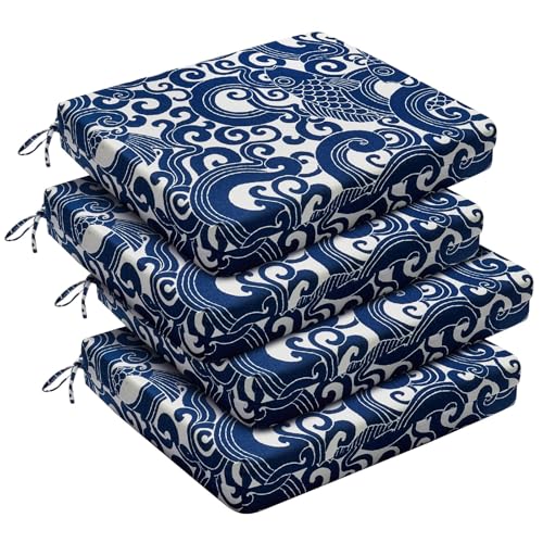 downluxe Outdoor Chair Cushions Set of 4 for Patio Furniture, Water-Resistant Square Corner Patio Chair Cushions with Ties, High Density Foam Outdoor Seat Cushion, 18.5" X 16" X 3", Blue Carp - color: Blue Carp, size: 18.5x16x3 Inch (Pack of 4)