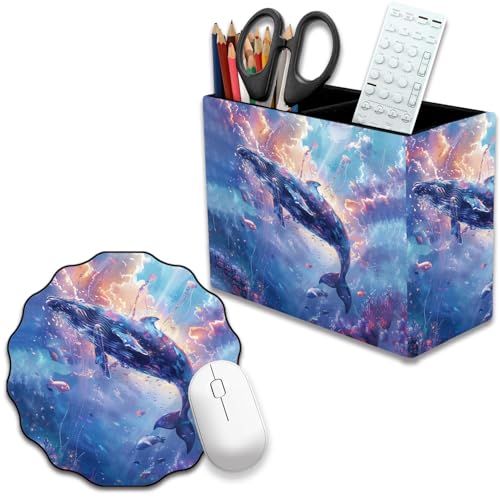 Pen Holder and Anti-Slip Mouse Pad Combination, Makeup Brush Storage Box, Tableware Storage Box, Suitable for Office and Home - Sky Blue Whale - color: Sky Blue Whale