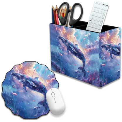 Pen Holder and Anti-Slip Mouse Pad Combination, Makeup Brush Storage Box, Tableware Storage Box, Suitable for Office and Home - Sky Blue Whale - color: Sky Blue Whale
