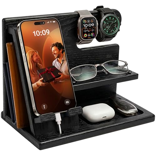 TESLYAR Wood Phone Docking Station for Men - Desktop or Nightstand Organizer - Birthday Gifts for Men, Dad - Anniversary Idea from Wife - Key Holder, Stand Wallet, Watch & Essentials (Granite Black) - color: Granite Black
