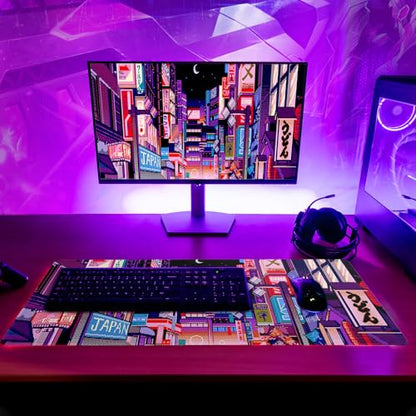 Dark Purple Japanese Gaming Mouse Pad Abstract Anime Mat 27.6x11.8 Inch Tokyo Pixel Street Texture Non-Slip Rubber Base Kawaii Mousepad Stitched Edges Keyboard Desk Pad for Office and Home Game - color: Japanese Street