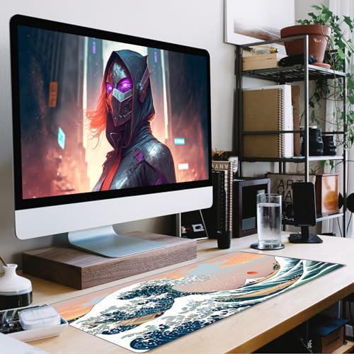 Japanese Large Mouse Pad, DeskMat Office Desk Pad, Extended Large MouseMat for PC, Stitched Edges Gamer Mousepad 31.5 X 15.7 Inch Long Mice Pad, Sunset Sea - color: Sunset Sea, size: 31.5" x 15.7"