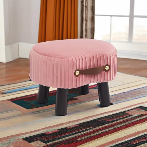 Foot Stools Small, Ottomon with Handle, Velvet Footrest Ottoman | Curved Foot Stool with Padded Seat Wooden Legs, Portable Foot Rest for Living Room, Bedroom, Entryway (Pink) - color: Pink