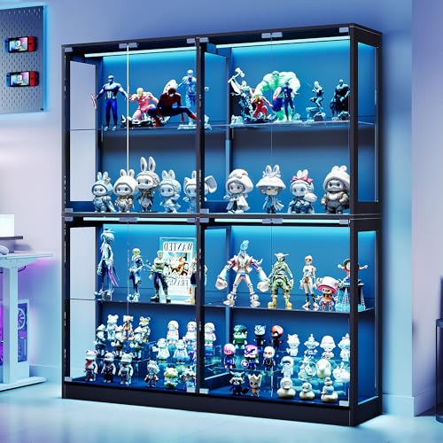 AMERLIFE RGB Display Cabinet with Adjustable Glass Shelves, 4-Tier Storage Case with LED Lights & Press-to-Open Doors, Modern Display Shelf for Collectibles, Black 70" H×60" L×16" D - color: Black, size: 60×16×70in