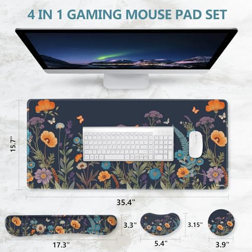 DINKY Desk Mat Keyboard Mouse Pad Set, Large Gaming Mouse Pad +Keyboard Wrist Rest +Mousepad with Wrist Rest +Coaster, Ergonomic Non-Slip 4 in 1 Combo, Flowers Plants Butterflies - color: Flowers Plants Butterflies