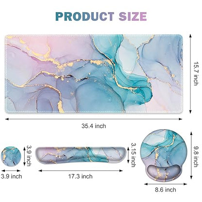 ToLuLu Desk Mat, XXL Large Mouse Pad Wrist Support Set，4 in1 Gaming Mousepad Desk Pad+ Ergonomic Mouse Pad with Wrist Rest + Keyboard Wrist Rest+Coaster for Home Office Computer, Blue Glitter Marble - color: Blue Glitter Marble
