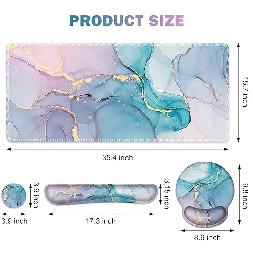 ToLuLu Desk Mat, XXL Large Mouse Pad Wrist Support Set，4 in1 Gaming Mousepad Desk Pad+ Ergonomic Mouse Pad with Wrist Rest + Keyboard Wrist Rest+Coaster for Home Office Computer, Blue Glitter Marble - color: Blue Glitter Marble