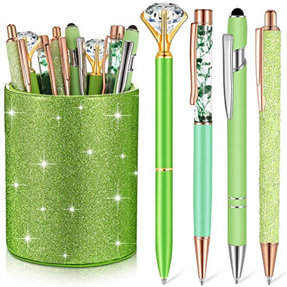 Sabary 8 Pcs Green Pens with Pen Holder for Desk Glitter Crystal Diamond Cute Ballpoint Fancy Pencil Holder Bling Desk Organizer for Women Girls School Office Supplies Wedding Graduation Gifts - color: Green