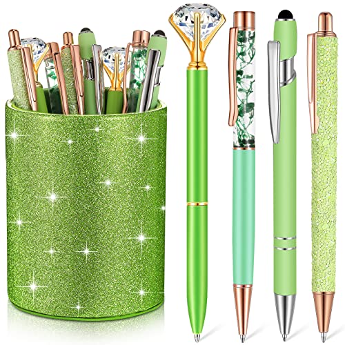 Sabary 8 Pcs Green Pens with Pen Holder for Desk Glitter Crystal Diamond Cute Ballpoint Fancy Pencil Holder Bling Desk Organizer for Women Girls School Office Supplies Wedding Graduation Gifts - color: Green