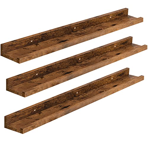 HOOBRO Floating Shelves, Wall Shelf Set of 3, 35.4 Inches Hanging Shelf with Raised Edge and Invisible Brackets, for Bathroom, Bedroom, Kitchen, Office, Living Room Decor, Rustic Brown BF90BJ01 - color: Rustic Brown, size: 35.4 Inches