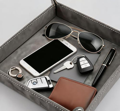 Valet Tray Desktop Storage Organizer – Vegan Leather Catchall Bedside Vanity Tray Nightstand Caddy Holder for Remote Controller, Watch, Keys, Phone, Wallet, Coin, Jewelry, Stone Gray - color: Stone Gray
